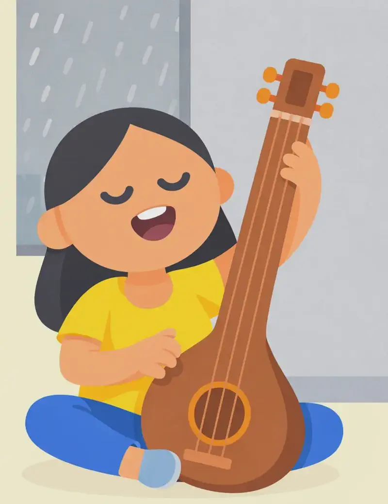 On the right side of the image, Mom sits cross-legged, eyes closed with a blissful smile, singing while playing a sitar. One hand reaches up to pluck the strings while the other is extended gracefully mid-song. The left side of the image is plain pale yellow background, providing open space for text. The indoor setting behind Mom is rendered in soft gray tones suggesting a rainy day outside.