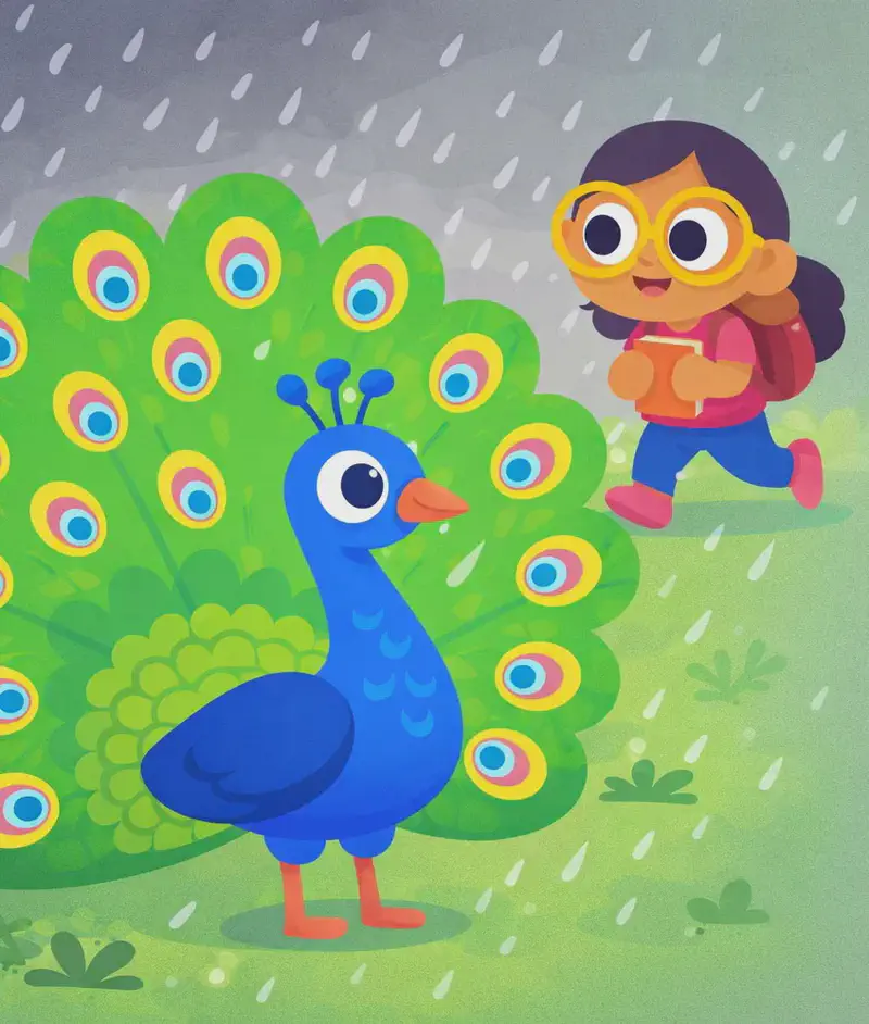 On the left side of the image, Peacock stands with its tail feathers fanned out in a grand display, facing right. Just above and behind Peacock, Girl is running through the rain, clutching a book to her chest, wearing a backpack, with a slightly worried or hurried expression. Rain falls steadily across the scene. The setting is outdoors on a rainy day with green grass, small plants at ground level, and a gray overcast sky. The right ~40% of the image is plain green/gray background.