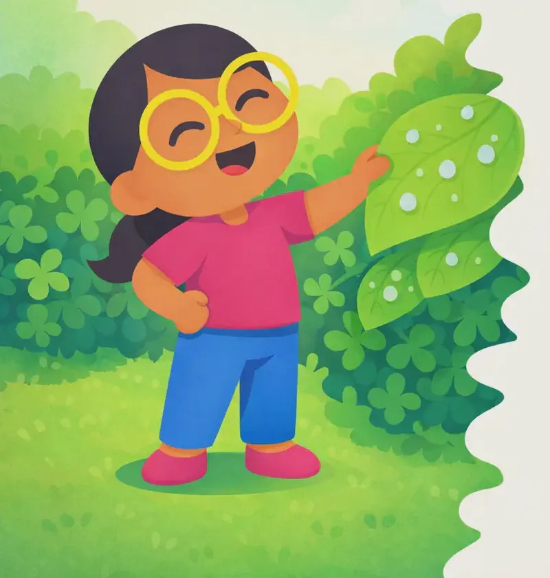 Girl stands on the left side of the image in a lush green outdoor setting, smiling joyfully with her eyes closed and face tilted slightly upward. She is reaching out with one hand to touch a large, glistening leaf on a bush, examining the small white raindrops clinging to its surface. The scene is set on a bright, post-rain day with green grass, leafy clover-like bushes, and a soft pale sky. The right side of the image opens to a plain, light watercolor background.