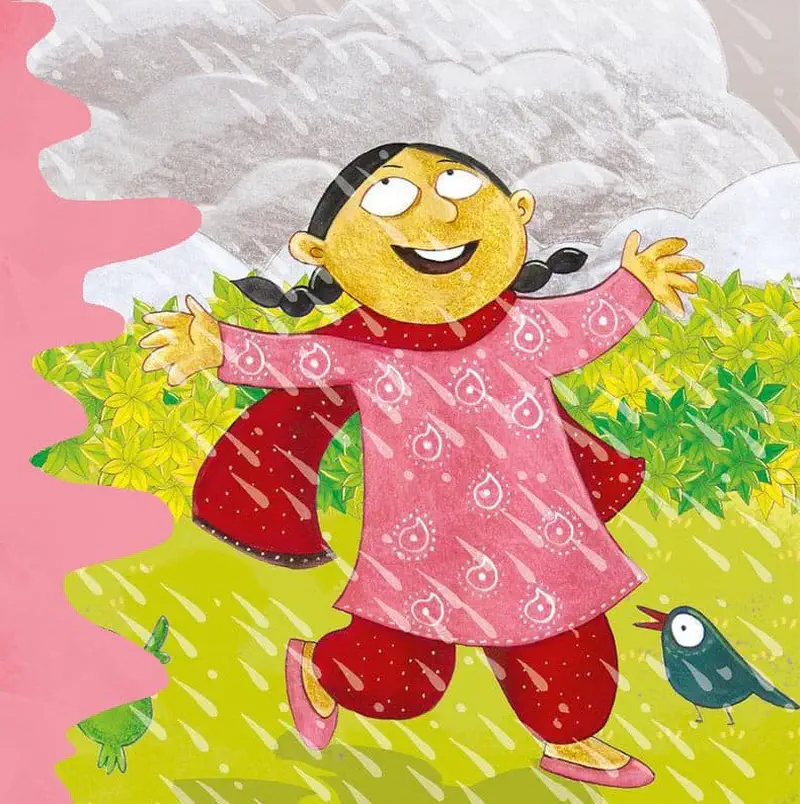 Happy girl in pink salwar kameez playing in rain with arms spread and small bird