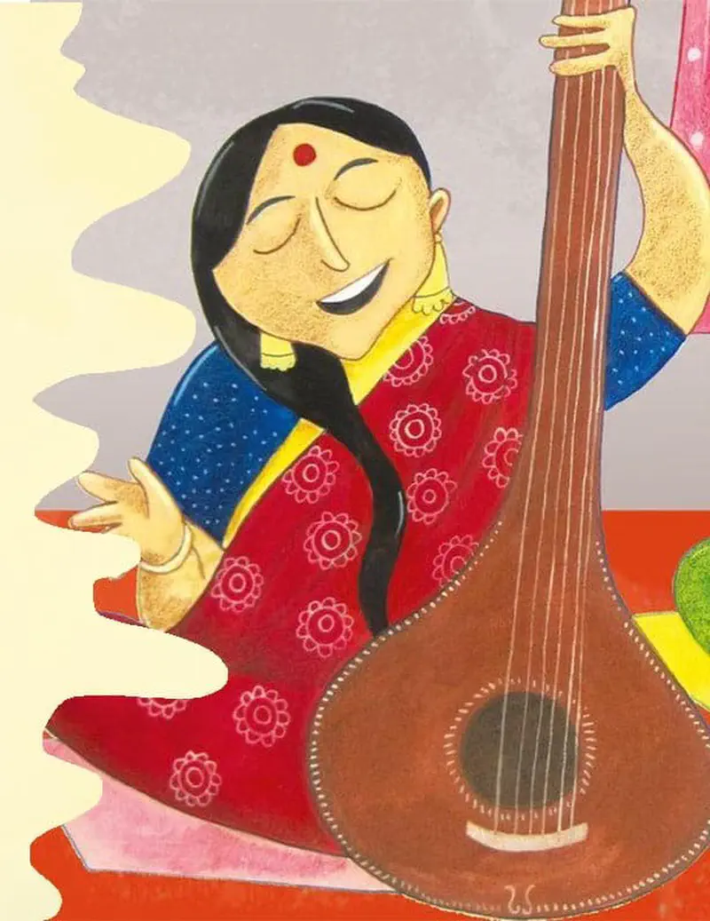 Indian woman in red sari playing tanpura instrument with eyes closed singing happily