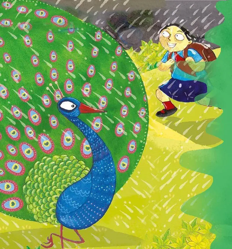 Colorful peacock with spread feathers and girl with backpack walking in rain