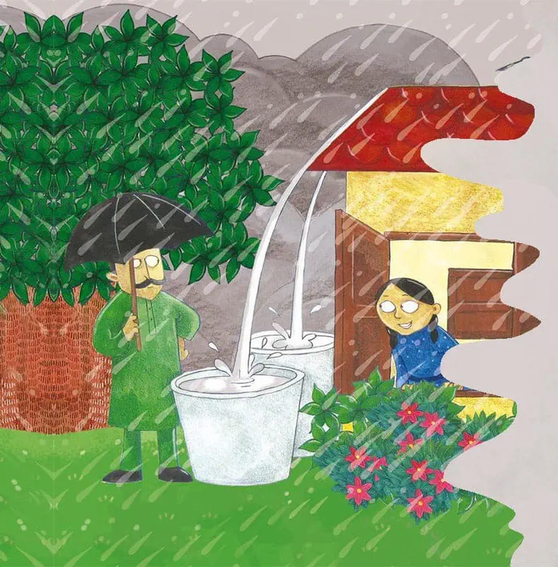 Man with umbrella and girl collecting rainwater in bucket from roof during monsoon