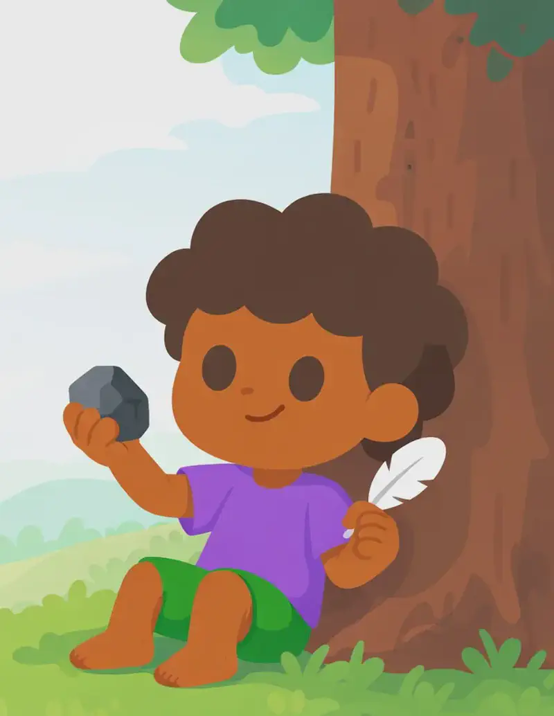 On the right side of the image, The Boy sits on the grass leaning against the trunk of a large tree, holding a rock up in one hand and a white feather in the other. He has a curious, wide-eyed expression as he examines the rock. The scene is set outdoors on a grassy hillside with soft, rolling green hills and a pale cloudy sky in the background, suggesting daytime with gentle overcast lighting. The left side of the image is open sky and hillside, clear of characters or objects.