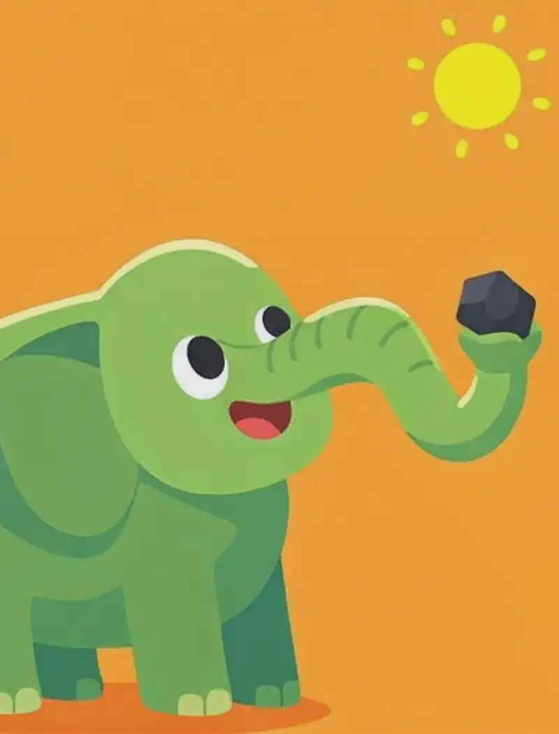 On the left side of the image, an elephant stands gripping a small dark rock tightly in the curled tip of its trunk, holding it up as if examining it. The elephant has its mouth slightly open and appears curious or contemplative. The scene is set outdoors against a warm orange sky with a bright yellow sun near the top center, suggesting a hot, sunny day. The right side of the image is plain orange-toned background.