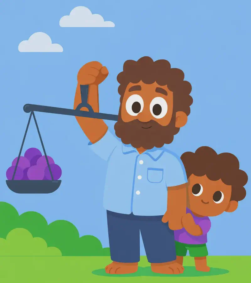 On the left side of the image, Dad stands holding up a traditional balance scale with his right arm raised, looking confident and helpful with a slight smile. The Boy stands beside him at a lower height, peeking out from behind Dad with wide, curious eyes, watching the scale. One pan of the scale holds a cluster of round purple objects (used as counterweights), while the other pan sits empty, ready for the rock. The scene is set outdoors in a suburban American yard on a clear day, with green bushes and a blue sky with a few white clouds in the background. The right side of the image is open sky, clear for text.