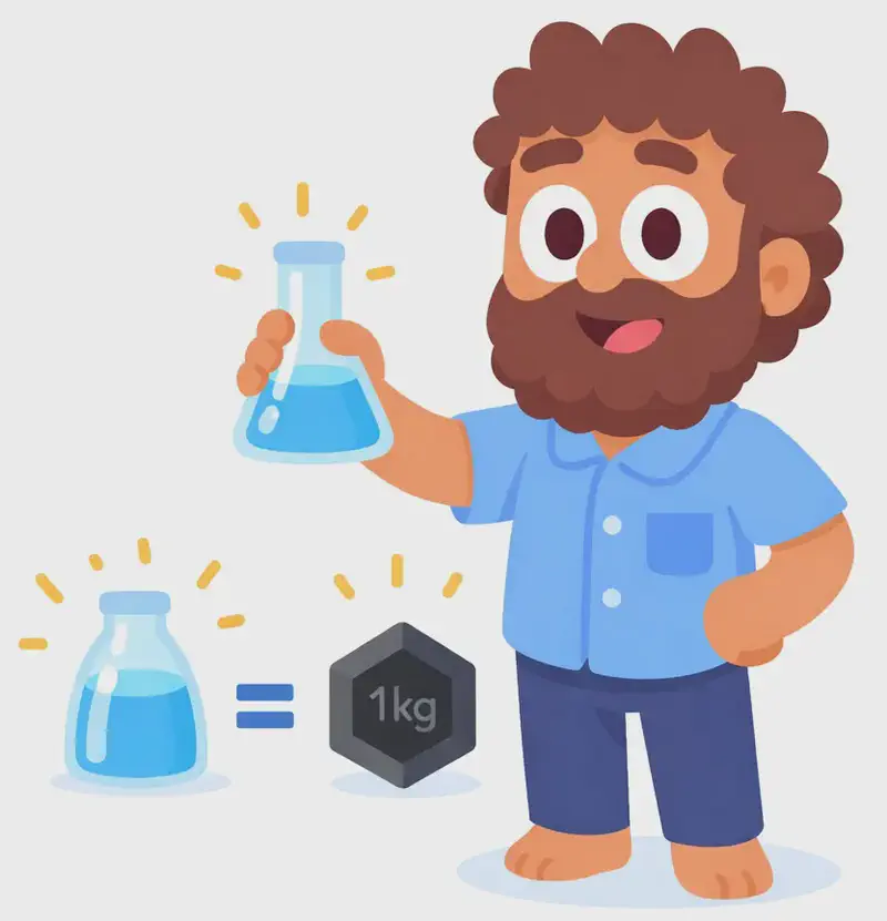 On the right side of the image, Dad stands at a three-quarter angle holding a clear flask filled with water in one hand, presenting it proudly with a confident smile. Next to him, a simple diagram shows the filled water flask next to an equals sign and a 1kg weight, illustrating the concept that the water-filled flask weighs exactly one kilogram. Small radiating lines surround the diagram for emphasis. The background is plain white. The left side of the image is clear for text.
