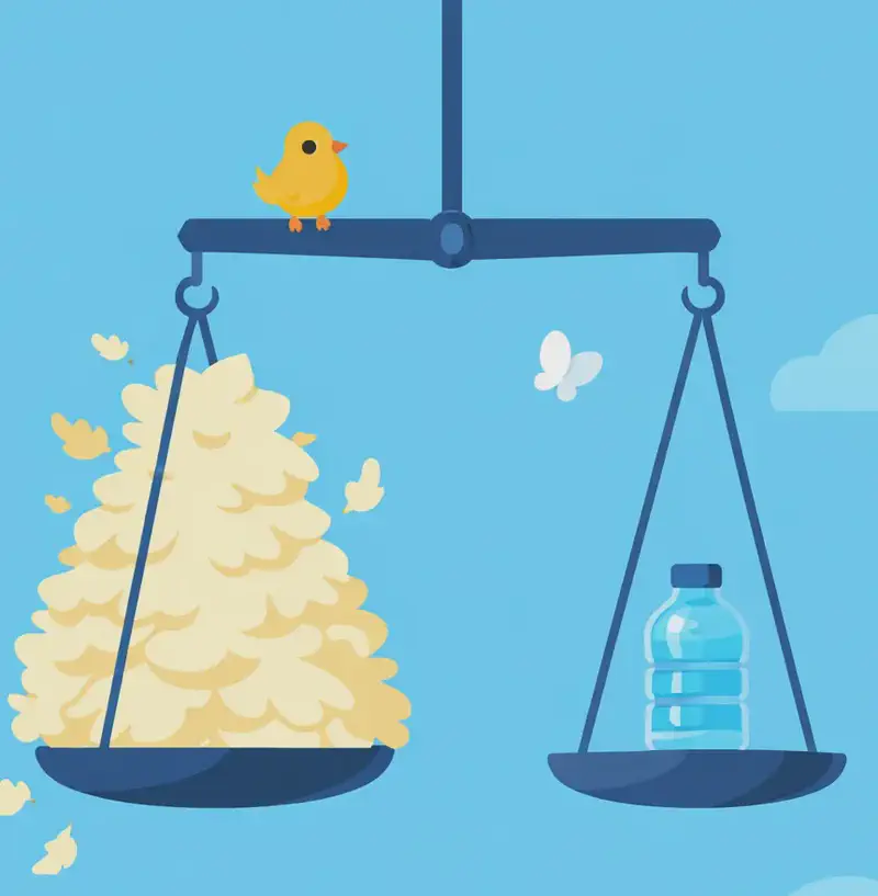 On the right side of the image, a large balance scale hangs from above against a bright blue sky with soft clouds. The left pan of the scale holds an enormous, overflowing pile of feathers that towers upward, while the right pan holds a small water flask (one kilogram), with both sides balanced evenly. A tiny bird perches on the top beam of the scale, and a white butterfly flutters nearby. The dramatic size contrast between the massive mound of feathers and the compact flask visually emphasizes the difference in volume for the same weight.