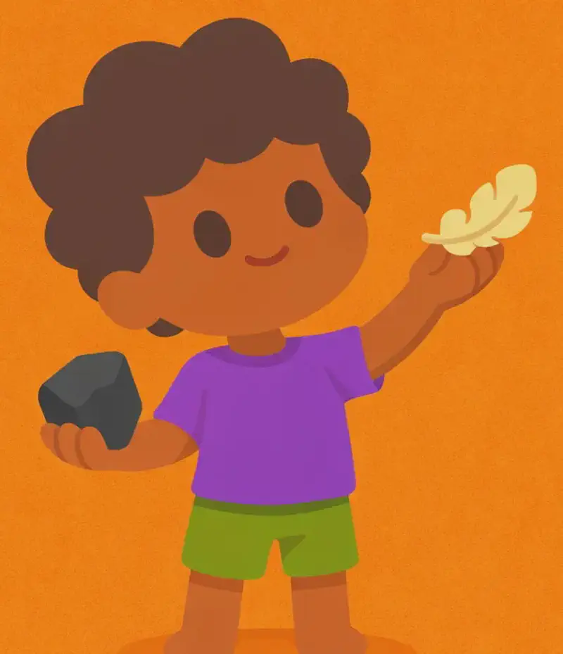 On the left side of the image, The Boy stands facing the viewer, holding a dark rock in his right hand (lowered slightly) and a light feather in his raised left hand. He looks up toward the feather with a curious, contemplative expression, as if comparing the weight of the two objects. The background is a warm, plain orange with no other objects or characters.