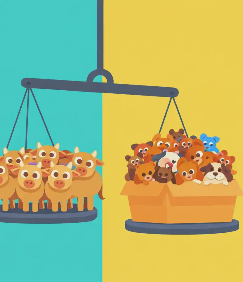 On the left side of the image, a large balance scale dominates the scene. On the left pan, ten cows stand huddled together, looking wide-eyed and slightly bewildered, their combined weight pulling that side of the scale down lower. On the right pan, 200 dogs of various sizes and breeds are crammed into a large cardboard box labeled "200," sitting higher up as the scale tips in the cows' favor. The background is split with a bright turquoise color on the left and yellow on the right, with the right portion remaining as plain background space.