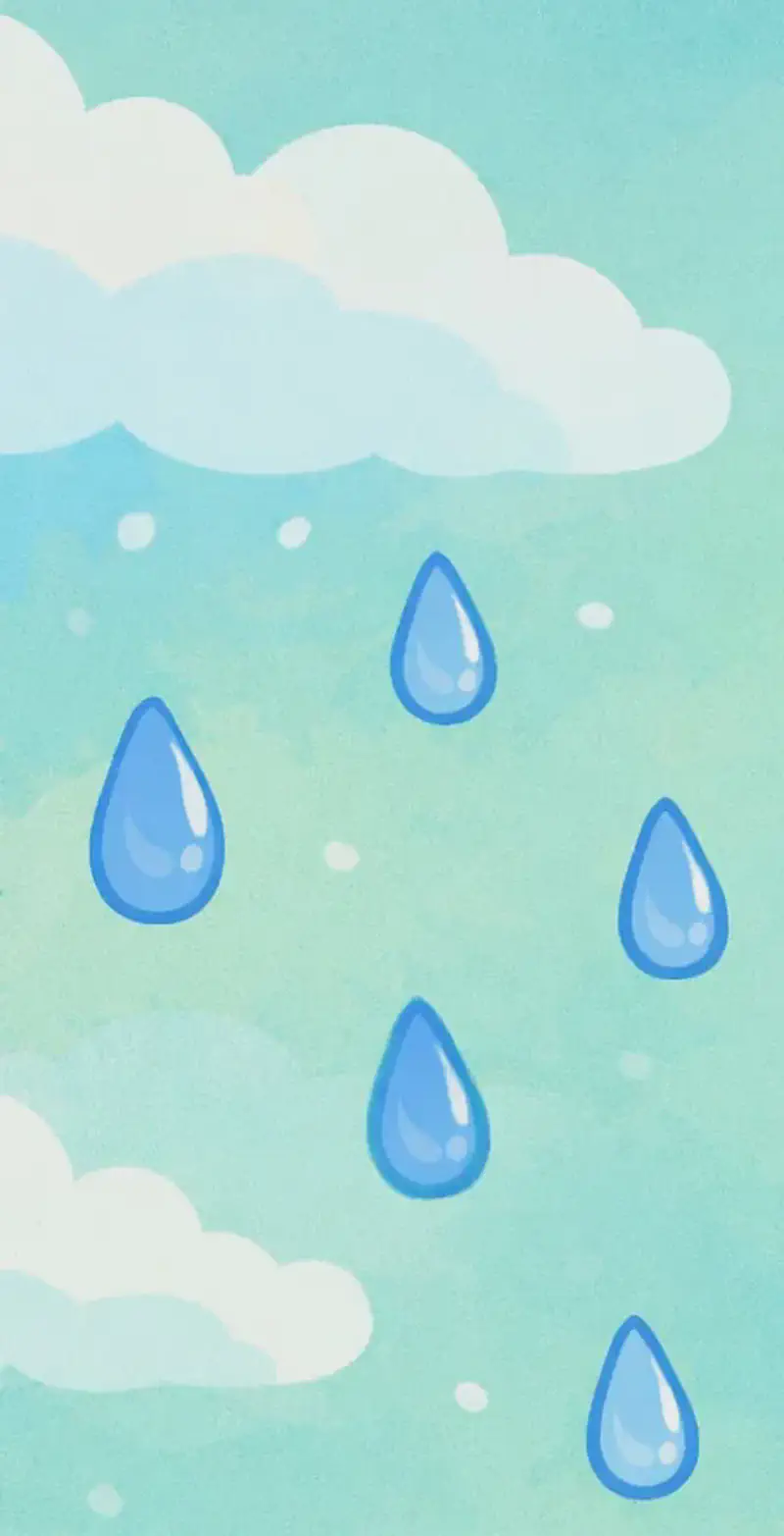 On the left side of the image, large blue-outlined raindrops fall from a soft watercolor sky filled with white clouds, against a turquoise and green-tinted background. The scene is an outdoor daytime sky view with scattered raindrop illustrations drifting downward, evoking a gentle rain shower. No characters are present — the composition is purely atmospheric, showing the rain referenced in the page text.