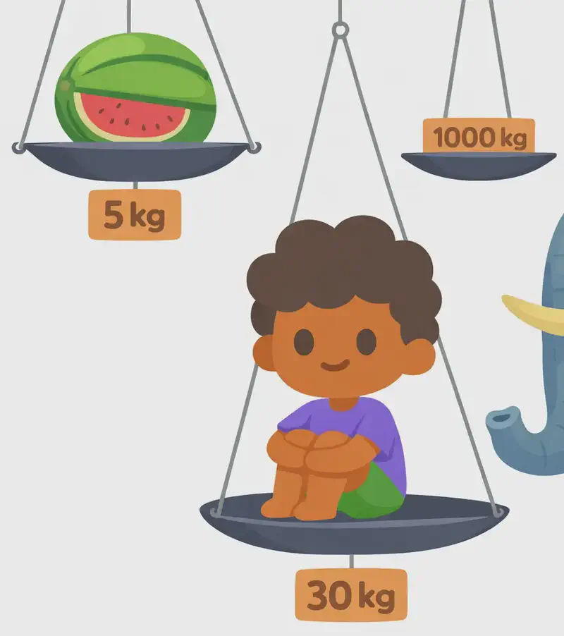 On the right side of the image, The Boy sits cross-legged on the pan of a large hanging balance scale, smiling contentedly with his arms wrapped around his knees. His pan is labeled "30 kg." Above him to the upper left, another pan holds a halved watermelon with a label reading "5 kg." To the far right, the tip of an elephant's trunk is visible, connected to a pan labeled "1000 kg." The left side of the image is plain white background.