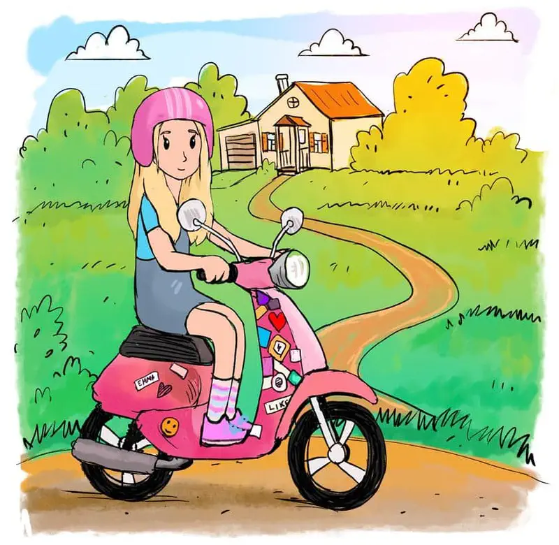 Blonde girl in pink helmet riding pink scooter on winding path to cottage