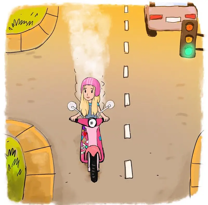 Girl riding pink scooter on road at green traffic light with car behind