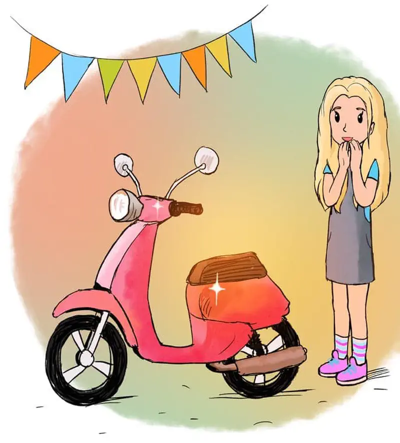Shy blonde girl looking at shiny new pink scooter with party bunting overhead