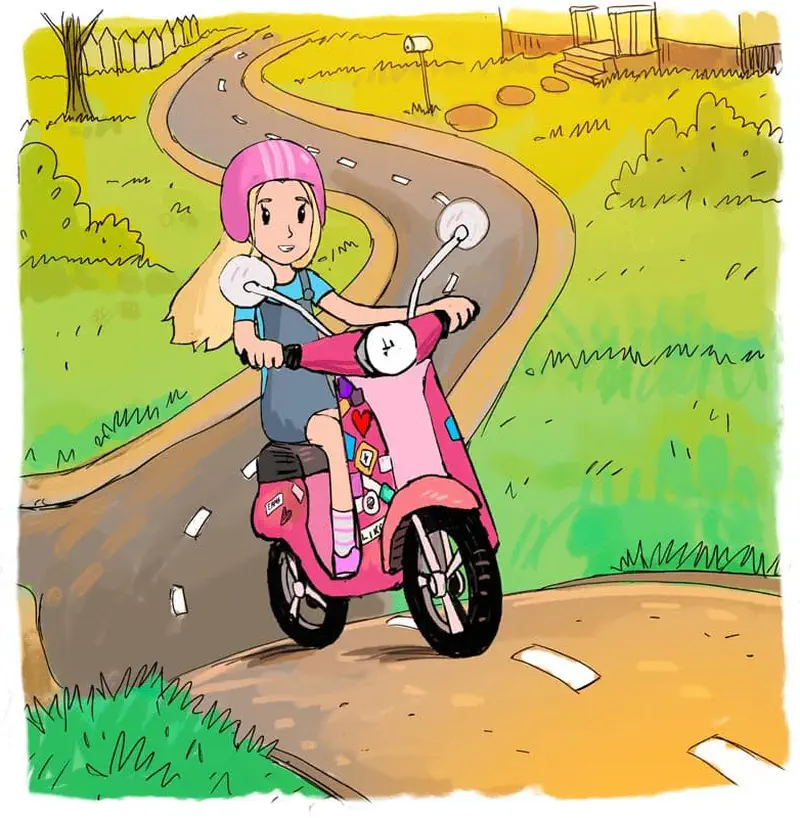 Girl with pink helmet riding decorated scooter along winding country road