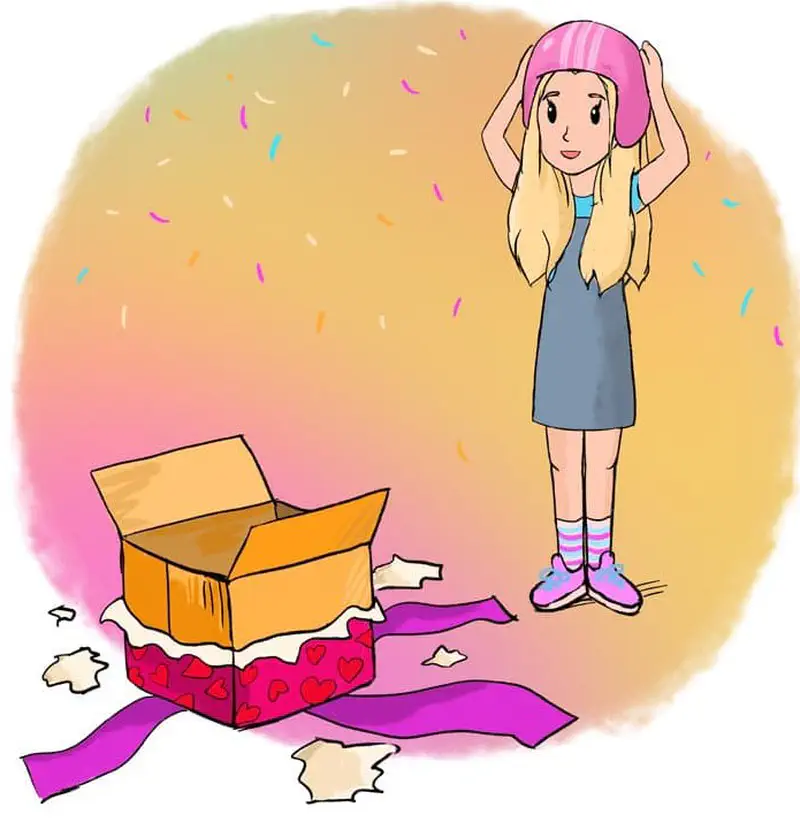 Girl trying on pink helmet with confetti and unwrapped gift box on floor
