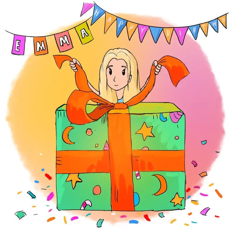 Emma opening large green birthday present with Emma Happy Birthday banner above