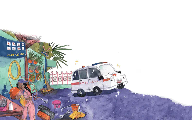 A cheerful cartoon ambulance with a smiling face drives up a purple street past colorful shops and a woman sitting outside.