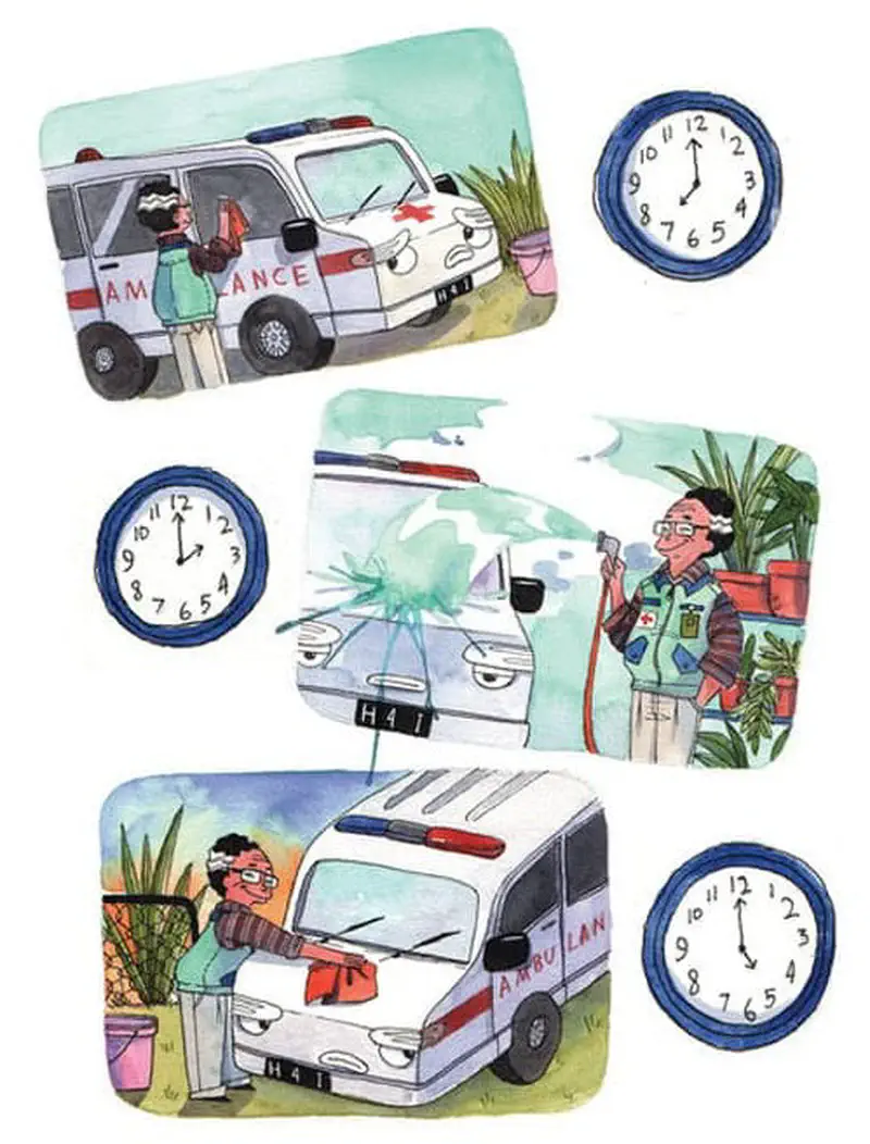 Three scenes showing ambulance being washed and maintained by workers at different times shown by clocks.