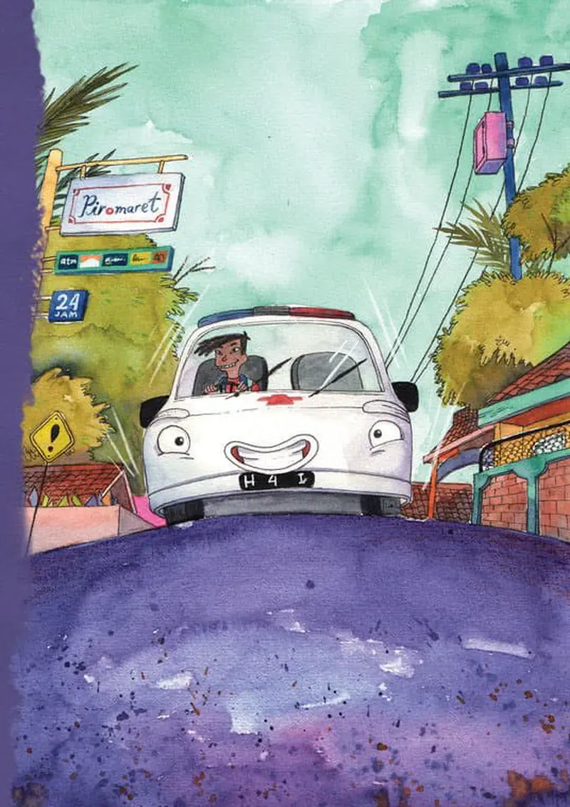 Smiling cartoon ambulance with a driver on a road, passing shops and street signs in a neighborhood.