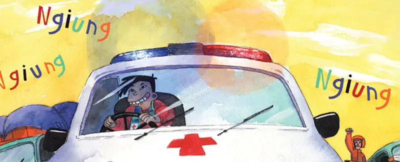 Close-up of ambulance driver smiling behind the wheel with siren lights flashing and siren sounds around.