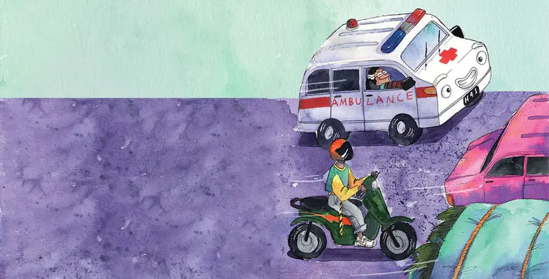 Ambulance navigating through mud puddles and splashing water while driving through countryside roads.