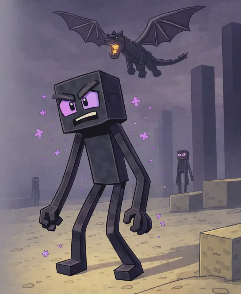 The Ender Dragon flies through the dark gray-purple sky in the background, its wings spread as it soars overhead. An Enderman stands in the foreground with bright purple-pink glowing eyes, appearing agitated and distressed with an alert, tense posture that suggests panic or madness. The scene is set in a dim, eerie environment with pale yellowish stone-like terrain and a hazy, ominous atmosphere, creating a sense of foreboding as the dragon's arrival disrupts the space.