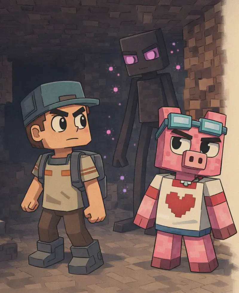 The scene is set in a cave at nighttime in a dark, blocky Minecraft environment. The Player (wearing a beige/tan shirt with gray suspenders and backpack, and a dark teal-green backwards cap) stands in a watchful stance, while Fig Pig (the blocky pink pig with teal-framed glasses on head, wearing a white t-shirt with a red pixelated heart) is positioned near the center, deliberately looking away from the imposing Enderman. The tall, black Enderman with glowing purple eyes looms in the background, creating an ominous presence. Fig Pig appears tense but brave, keeping his gaze averted from the creature while speaking to it.
