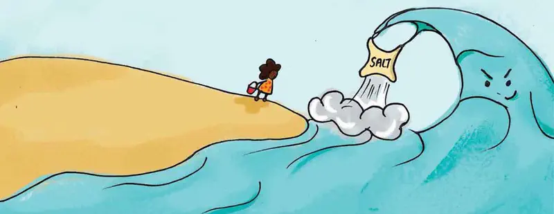 A girl with a red bucket stands on a sandy beach watching an angry wave character pour salt into the foaming ocean.