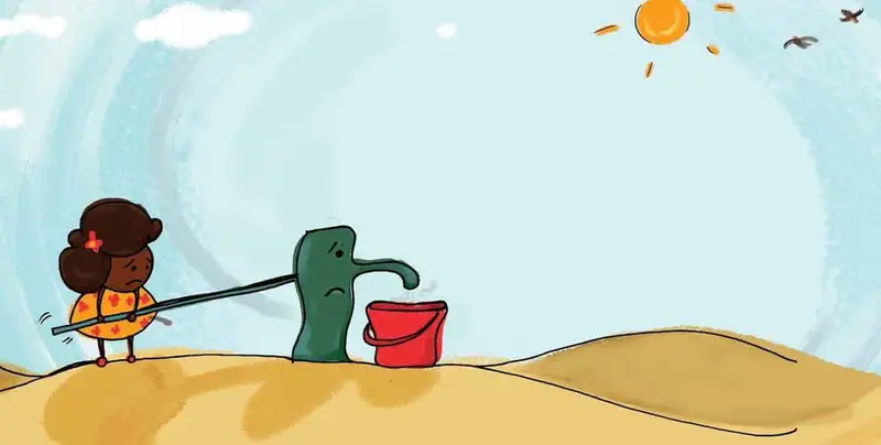 A girl in an orange dress pumps water from a sad green hand pump into a red bucket under a hot sunny desert sky.