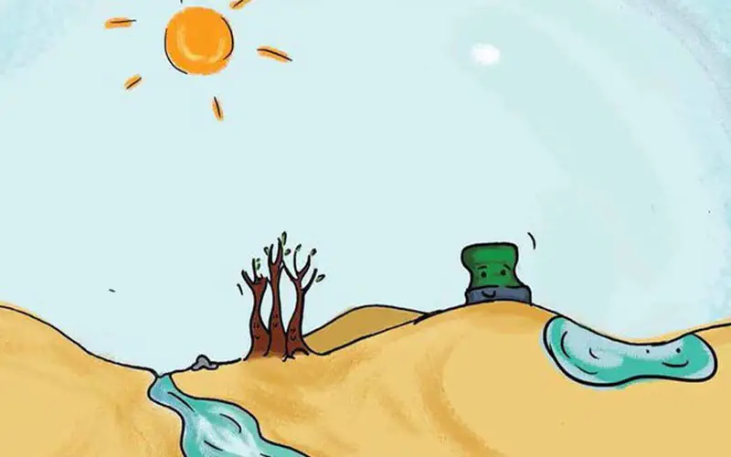 A sunny desert landscape with dried trees, a green water tank, and a smiling stream of water flowing through the sandy terrain.