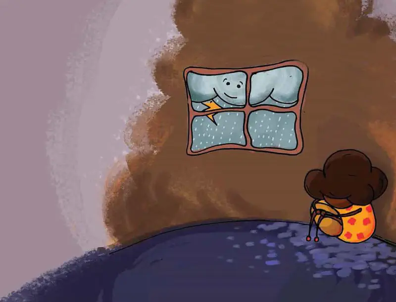 A happy girl sits indoors watching rain fall outside the window where a smiling cloud with lightning brings water to the land.