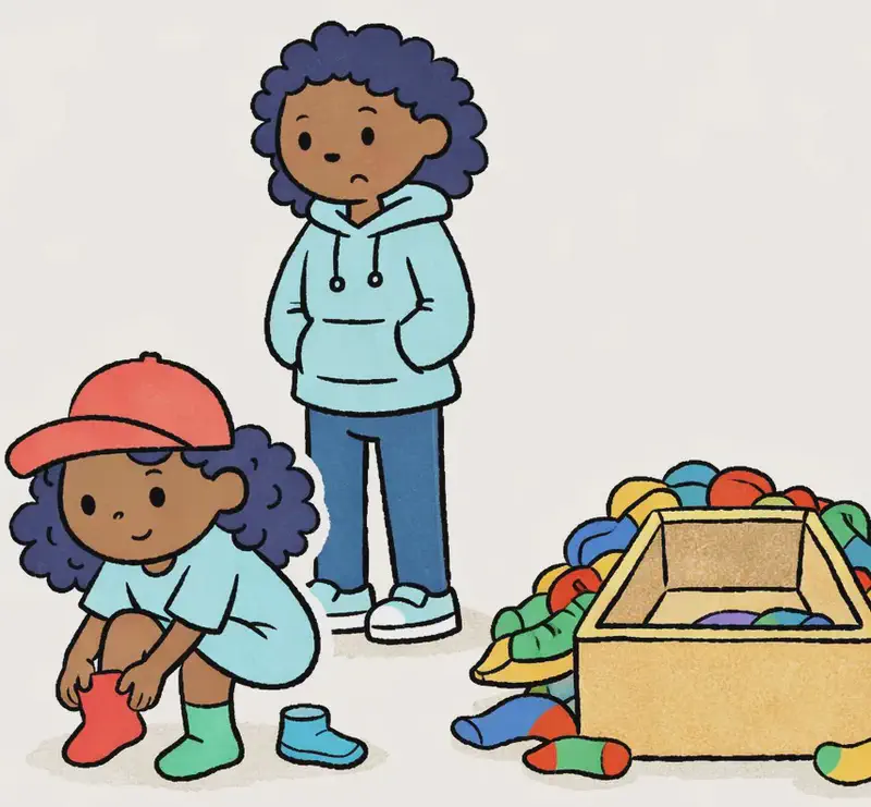 On the right side of the image, Alana is crouching down and pulling on mismatched socks, wearing her coral-red cap, with a determined expression as she gets ready to search. Mom stands behind her looking concerned, watching Alana prepare. Next to them on the far right is an open box overflowing with colorful socks, with an empty gap visible where the missing pair should be.