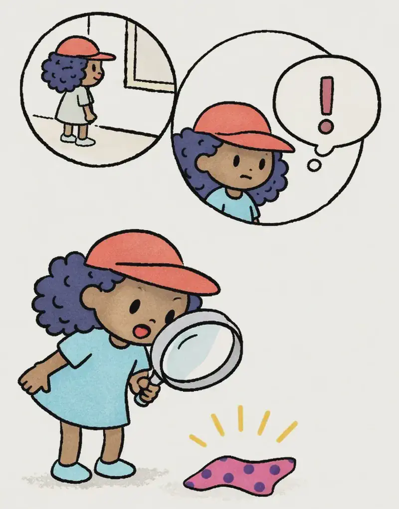 On the left side of the image, Alana is shown in a comic-panel style sequence. In the lower-left, Alana leans forward with a surprised expression, holding a magnifying glass up to her face as she examines a scrap of polka-dotted fabric on the ground below her — the fabric has yellow emphasis lines around it indicating a discovery. In a circular vignette above, Alana stands with a determined, suspicious expression and an exclamation-mark thought bubble, realizing the fabric matches her socks. A smaller circular vignette in the upper-left shows Alana searching near a window indoors. The right ~40% of the image is plain white background.