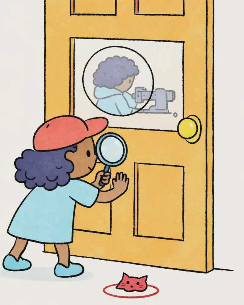 On the right side of the image, Alana stands facing a large wooden door, pressing one hand against it while holding a magnifying glass up to peer through a small circular window in the door. She is leaning forward curiously with her legs in a wide, eager stance, clearly trying to see what Mom is doing inside. Through the small round window, the blurry silhouette of Mom is faintly visible, hunched over her sewing machine. A small pink cat-face object sits on the floor near Alana's feet. The scene is indoors with a plain white background on the left.
