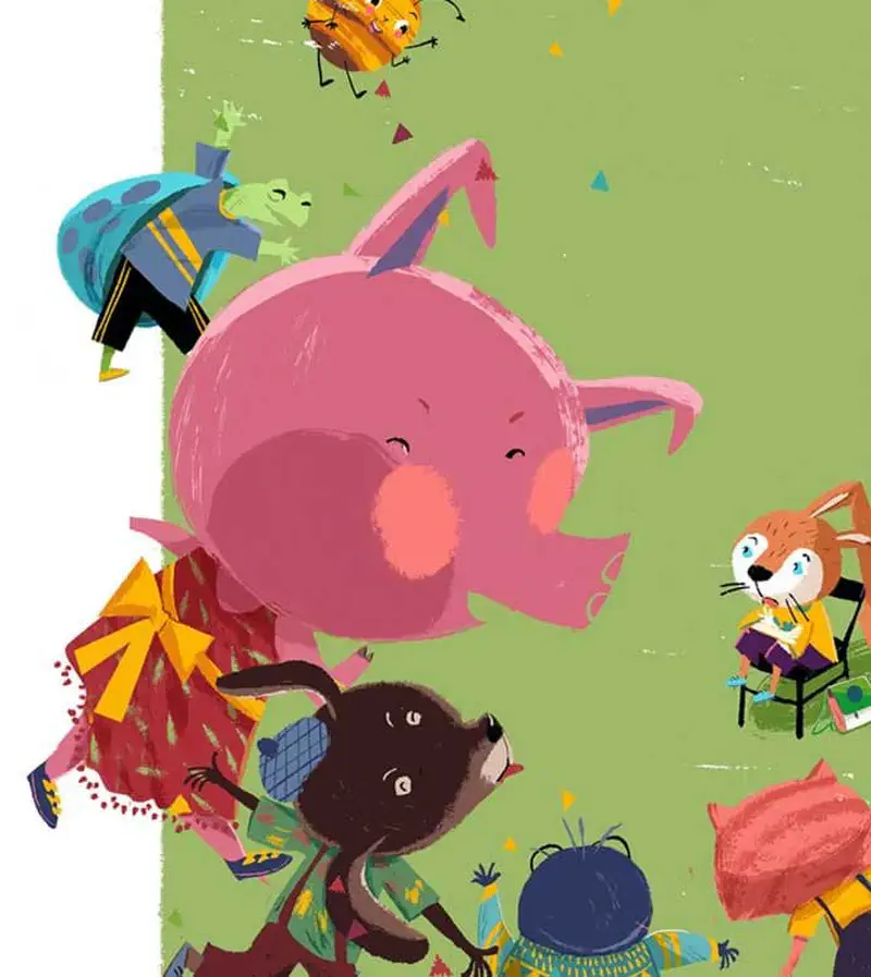 A pink elephant dances with animal friends including a frog, dog, rabbit, cat, owl, and bee at a lively school party.