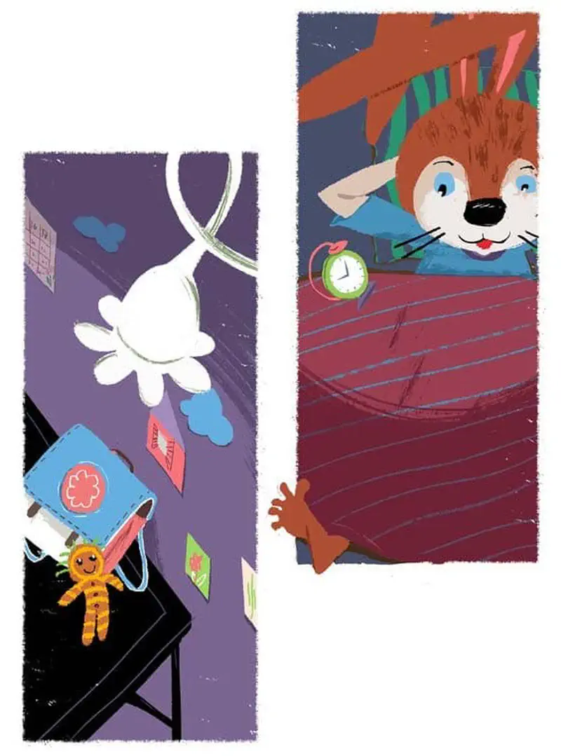 Split image showing a rabbit tossing in bed at night unable to sleep, then waking up excited with an alarm clock ringing.