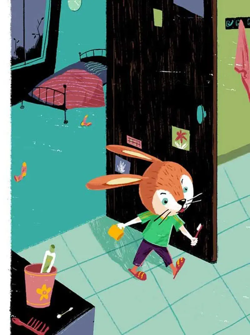 A rabbit walks through a bathroom doorway holding a cup and toothbrush, getting ready for the first day of school.