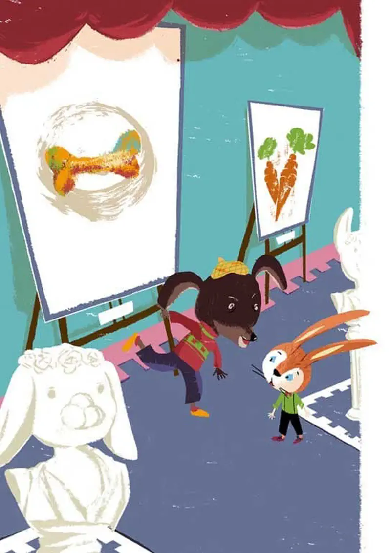 A rabbit visits an art gallery with a dog friend, viewing paintings of carrots and bones with rabbit statues displayed.