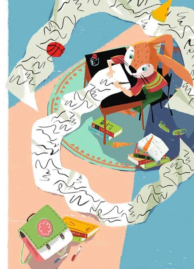 A rabbit sits at a desk doing homework surrounded by swirling papers, books, and a backpack in their study space.