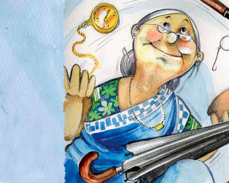 A cheerful grandmother in a blue sari and floral blouse tosses a pocket watch while holding an umbrella, ready to go out.