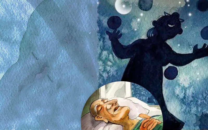 A grandfather sleeps peacefully in bed while dreaming of a silhouette juggling balls under a moonlit starry sky.