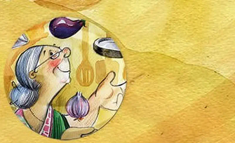 A circular vignette shows grandmother in her kitchen flipping a pan with an eggplant while holding an onion.