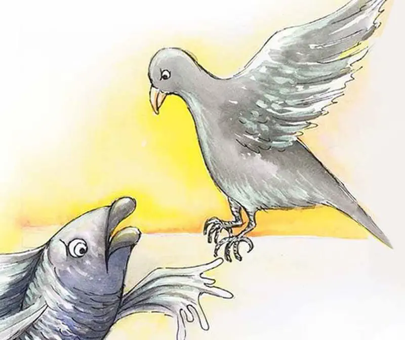 A gray bird with spread wings flying above a surprised gray fish with hand-like fins against a yellow sky.