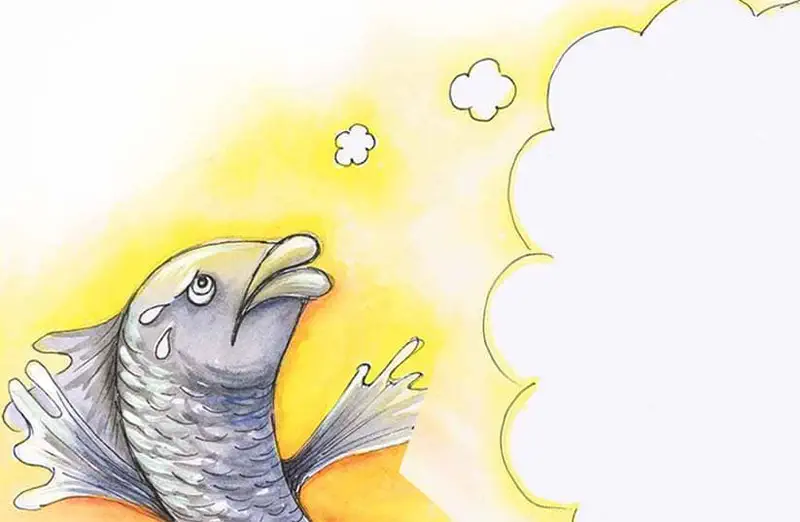 A sad gray fish with tears and a drooping expression looking at clouds against an orange and yellow sky.