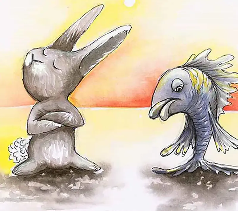 A gray rabbit with crossed arms looking dismissive while a sad gray fish with drooping fins faces it at sunset.