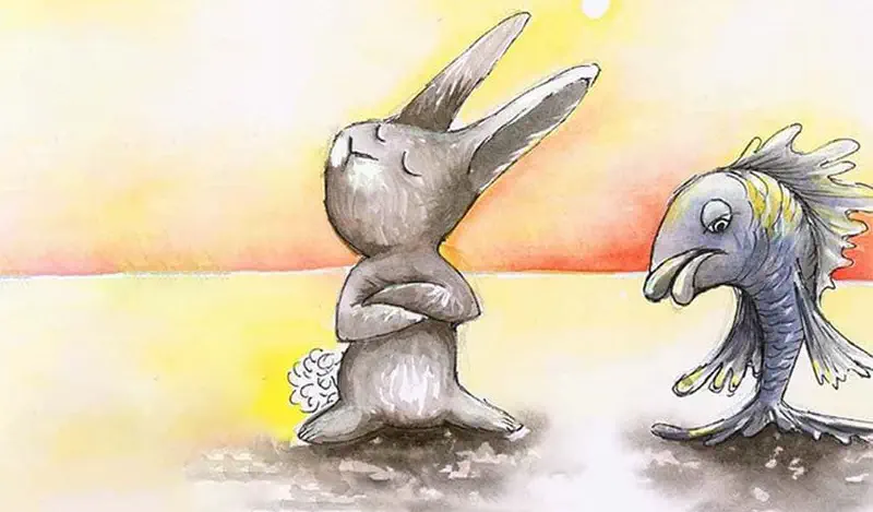 A gray rabbit with crossed arms looking dismissive while a sad gray fish with drooping fins approaches at sunset.