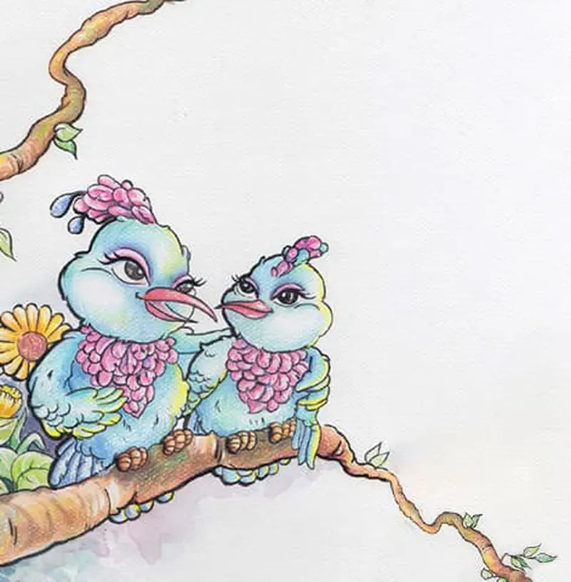 Two blue birds with pink feathery collars sitting together on a tree branch surrounded by colorful flowers.