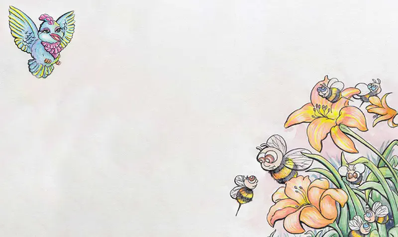 A colorful blue bird flying in the sky while bumblebees visit orange lily flowers below.